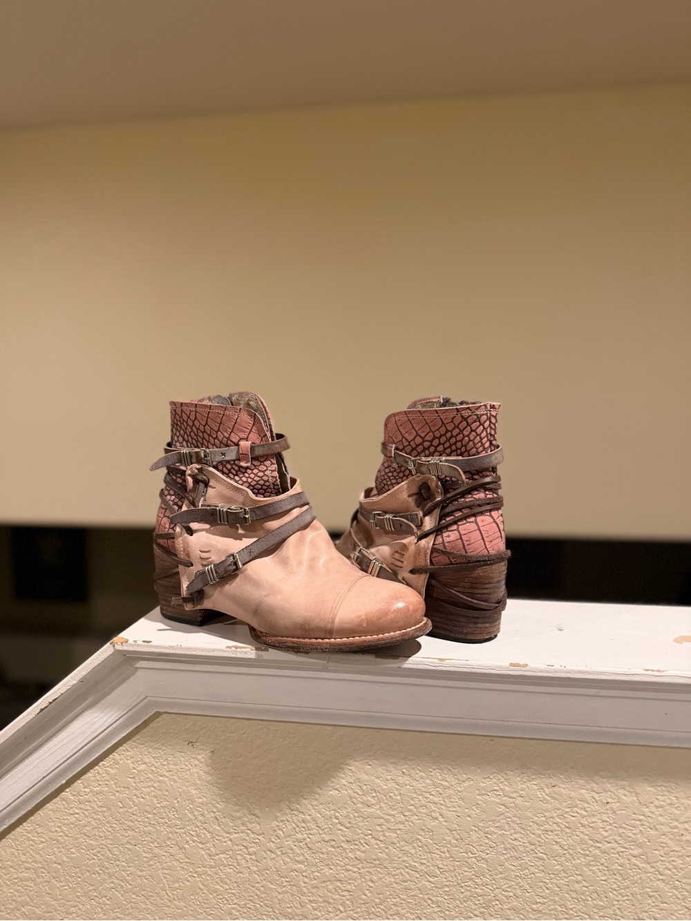 Freebird Women's Crue Pink Distressed Ankle Boots with Buckle Straps